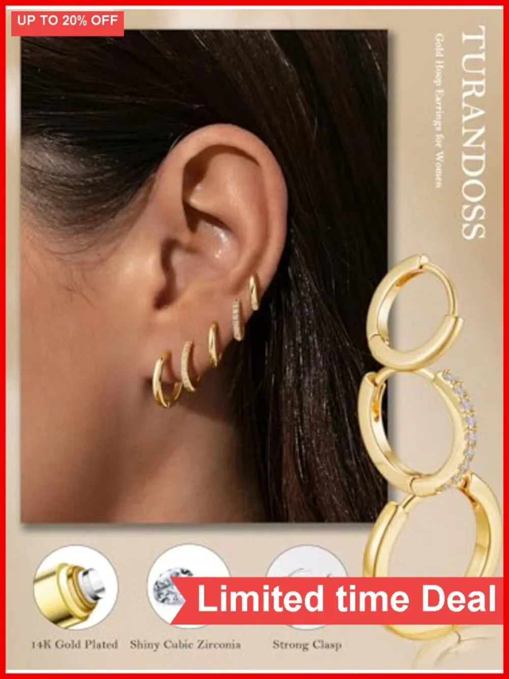 14K Gold Plated Hypoallergenic Hoop Earrings for Women - Cubic Zirconia Set